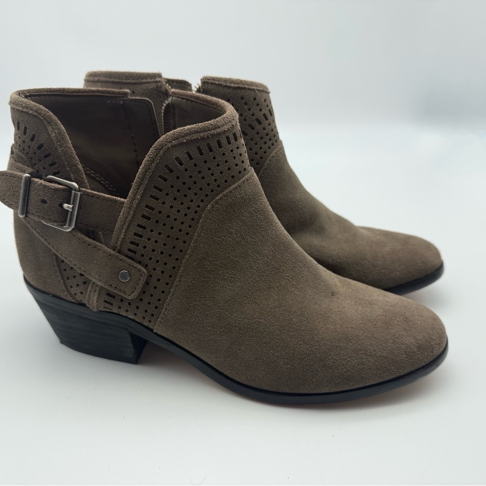 Vince Camuto Brown Ankle Booties with Suede Texture and Stacked Heel